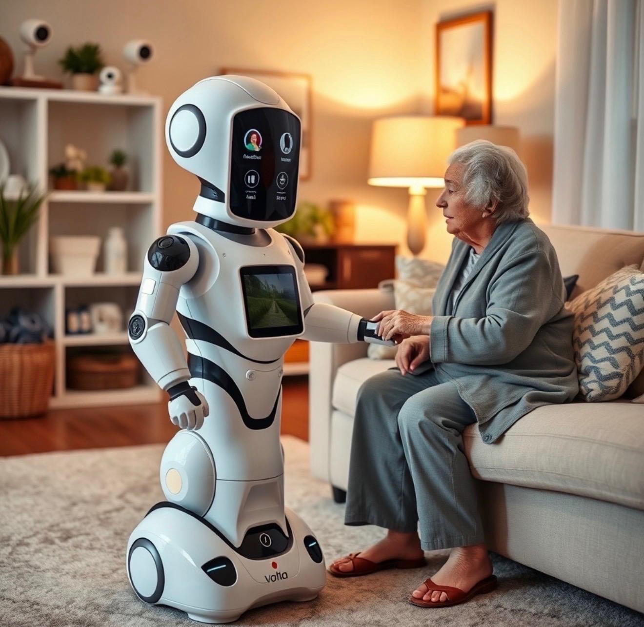 A caregiver and a home robot assisting an older adult at home